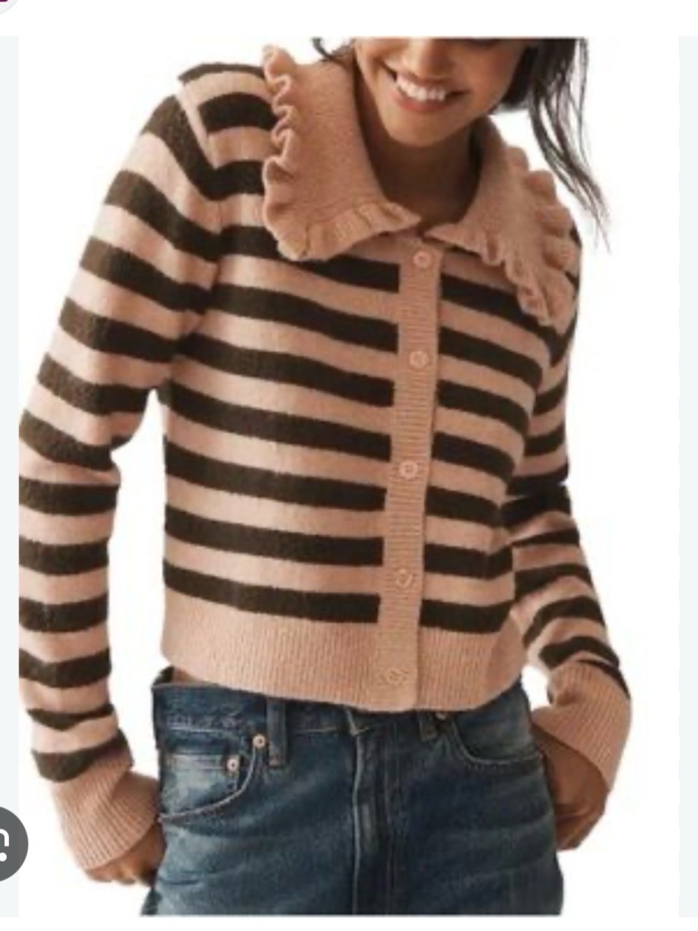 Maeve Pink & Brown Striped Ruffle-Collar Cardigan